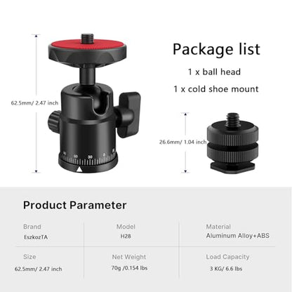 Universal 1/4" Swivel Mini Ball Head Screw Tripod Mount with Hot Shoe Mount, EszkozTA 360° Panoramic Rotating Mount Base Adapter for DSLR Cameras HTC Vive Tripods Monopods Light Stand - color: Red