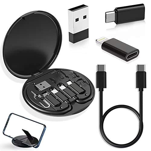 YANZIE USB Adapter Kit, Travel Charging Organizer Case with USB C, Micro USB and Lightning-Compatible Adapters, SIM Card Holder, Eject Pin and Phone Stand for Travel, Office and Car, Black - color: Black