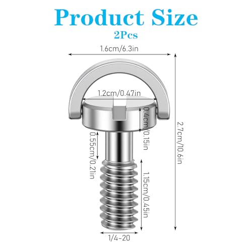2 Pcs 1/4-20 Thread D-Ring Camera Fixing Screws, Stainless Steel Tripod Camera Mount Screw Quick Release Mounting Screw Adapter for Camera Camcorder Tripod Monopod QR Quick Release Plate