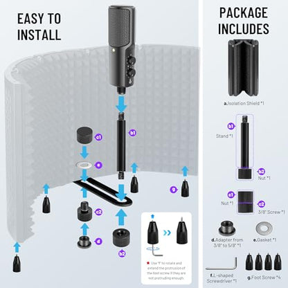 CAHAYA Microphone Isolation Shield Foldable - Mic Shield Recording Studio Sound Absorbing Foam Reflector with 3/8" and 5/8" Mic Adapter Microphone Recording Equipment Black