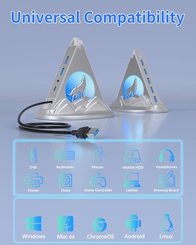 USB Hub 3.0, 7-Port USB Hub with RGB Night Light and Base, Vertical USB a Splitter for Desktop,Laptop, MacBook, Xbox, PS4/5, Game Console, Flash Drive, XPS, PC, Printer, Camera, Keyboard (Silver+Base) - color: Silver