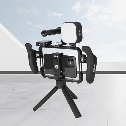 Nitze Smartphone Cage, Aluminum Phone Video Rig, with Adjustable Cellphone Clamp, 5 Built-in Cold Shoes, for Videomaker, Videographer, Vlogger and Youtuber - T-MP01A