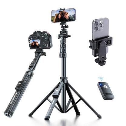 Fugetek 62" Professional Cell Phone Tripod, Ultra Stable 4 Leg Design, Bluetooth Remote, 100% All Aluminum Stick & Legs, Portable All in One, 360° Phone Mount with 2 Cold Shoe Slots, Non Skid Feet - style: Quadrapod