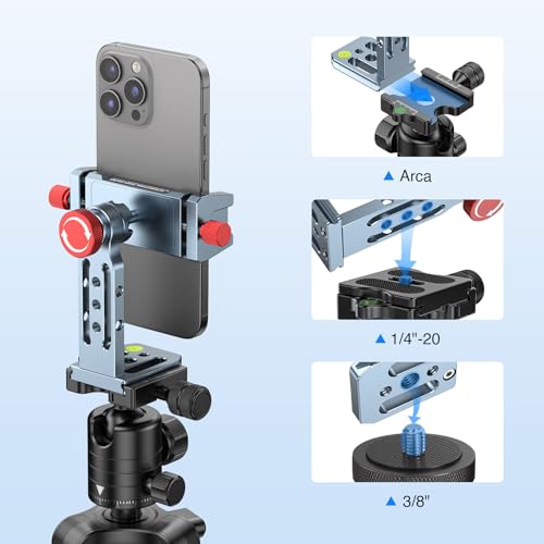 Phone Tripod Mount Aluminum Alloy, 360° Rotatable Phone Stand Holder Clamp with Cold Shoe and Arca Base Compatible with iPhone 15 Pro Max Galaxy S24 Ultra Pixel & 2.5"-4" Wide Smartphones