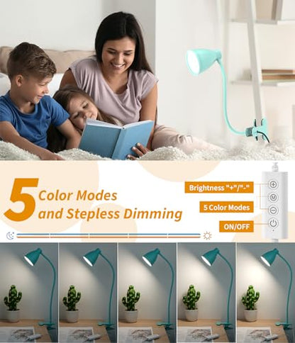 BOHON Desk Lamp with Clamp, Clip on Light, 5 Color 10 Brightness, Teal | 10W 38 LED Flexible Gooseneck Clip Lamp, Auto Off Timer, Desk Lights for Office Home Bed Bedside Reading, Adapter Include - color: Teal