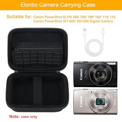 Elonbo Carrying Case for Canon PowerShot ELPH 360 HS A/ 360 HS/ 360/ IXY 650 Digital Camera, Canon PowerShot ELPH 330/190/160/115/130/110 Camera Hard Travel Bag, Mesh Pocket fits Battery Cable, Black - color: Black