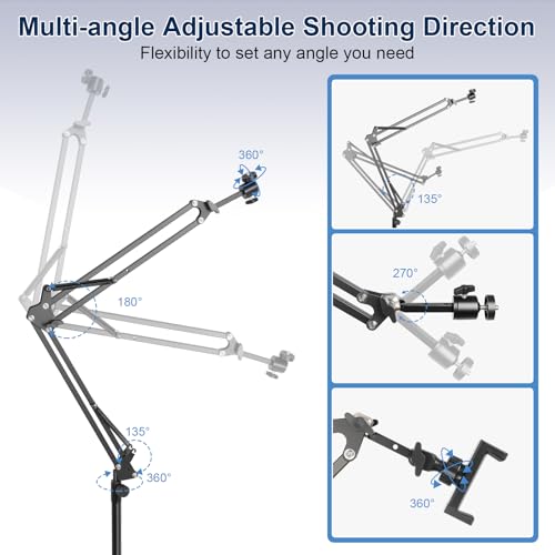 Overhead Camera Mount,Camera Desk Mount with 360° Adjustable Arm and Phone Holder,Max Load-Bearing 5lb,Desk Clamp Stand for Content Creation and Live Streaming,DSLR,Webcam,Mic,Ring Light