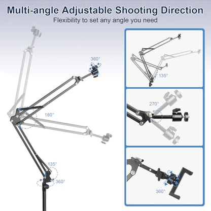 Overhead Camera Mount,Camera Desk Mount with 360° Adjustable Arm and Phone Holder,Max Load-Bearing 5lb,Desk Clamp Stand for Content Creation and Live Streaming,DSLR,Webcam,Mic,Ring Light