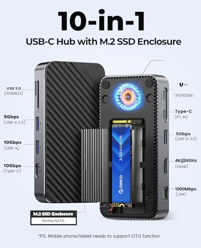 ORICO 10-in-1 USB C HUB with SSD Enclosure Built-in Cooling Fan with NVMe/SATA, HDMI 4K@60Hz,10Gbps/5Gbps USBA/C, Gigabit Ethernet, SD/TF 3.0 Ports, Compatible with Windows/Mac/Dell/HP - size: 10-in-1