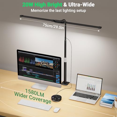LED Desk Lamp with Clamp, 23.5-31.5 Inches, Black | 24W, 75 Lighting Modes, Flexible Neck Design, Telescopic Height, For Home Office Study Work Craft Paint - size: 2-Head Adjustable Height Desk Lamp