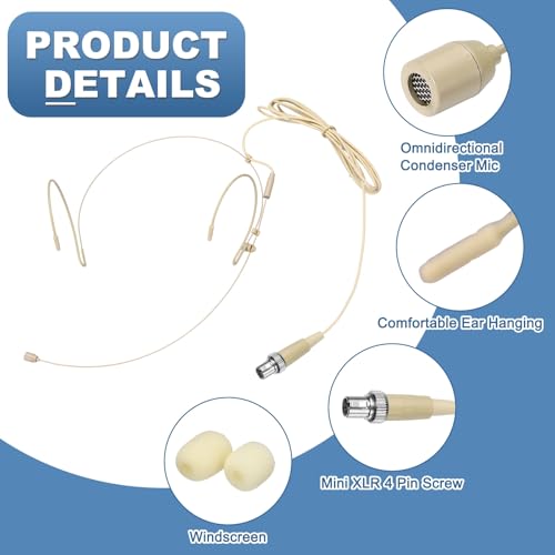 MECCANIXITY Ear Hook Headset Microphone, Double Over Ear Set Hanging Omnidirectional Wired Audio Condenser Microphone Headset with Mini XLR 4 Pin Screw Plug 3.9ft Cable, Beige - color: Beige, style: Mini XLR 4 Pin Screw Plug