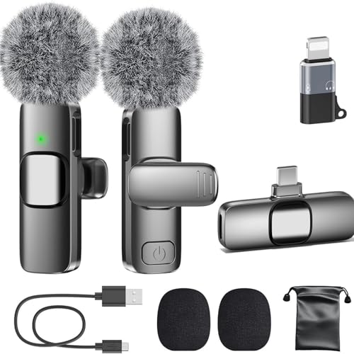 Wireless Mini Microphone, 2 Pack Wireless Lavalier Lapel Mic for Phones and Tablets, 2 in 1 Noise Reduction Lapel Mic for Video Recording Interview Podcast, Clip-on Mini Mic for Content Creators