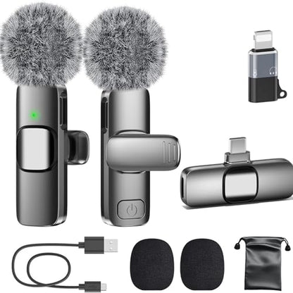 Wireless Mini Microphone, 2 Pack Wireless Lavalier Lapel Mic for Phones and Tablets, 2 in 1 Noise Reduction Lapel Mic for Video Recording Interview Podcast, Clip-on Mini Mic for Content Creators