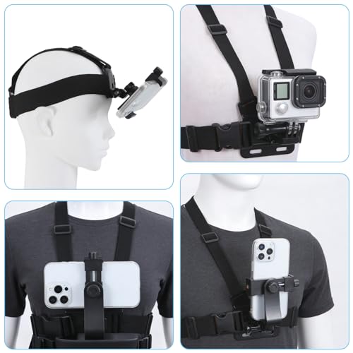 KINGKI Mobile Phone Chest Strap Harness Mount Head Strap Holder Kit for POV/VLOG,Cell Phone Clip Compatible with iPhone,Samsung,GoPro Hero 12, 11,10, 9, 8, AKASO,DJI Osmo,and Action Cameras…