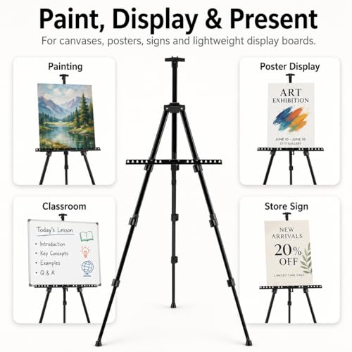 RRFTOK 17-66 Inch Adjustable Art Easel Stand for Painting and Sign, Black | Portable metal tripod easel for poster stand, display stand, canvas holder, adults and floor use - style: 66S Black 1-pack