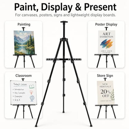 RRFTOK 17-66 Inch Adjustable Art Easel Stand for Painting and Sign, Black | Portable metal tripod easel for poster stand, display stand, canvas holder, adults and floor use - style: 66S Black 1-pack