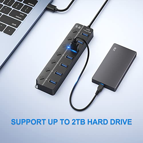 ONFINIO USB Hub 3.0, 7-Port USB A Splitter with Individual On/Off Switches and Lights, 3.2ft/1m Long Cable, Extender for A Port Laptop, PC, Desktop - color: Black