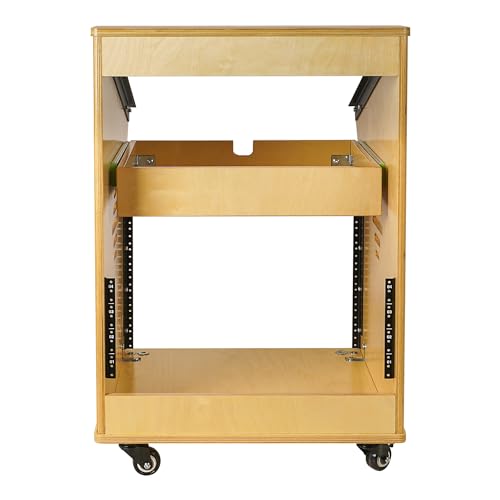 Sound Town DIY Solid Baltic Birch Plywood Recording Studio Rack, Audio Equipment Rack with 11U Slant Mixer Top, 8U Front, 2U Drawer, Rubber Feet, Casters, Golden Oak (SDRK-M11X8) - size: 8U,Golden Oak