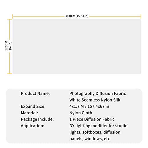 Meking Diffusion Fabric Light Silk White Seamless Nylon 4.3 x 1.8 Yard /4 x 1.7M Foldable Diffusion Sheet for Light Tent, Strobe Light, Lighting Light Modifier and Other Photographic Equipment - size: 4 Yard x 67 Inch