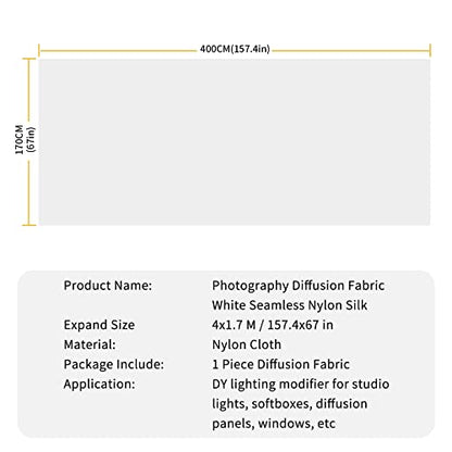 Meking Diffusion Fabric Light Silk White Seamless Nylon 4.3 x 1.8 Yard /4 x 1.7M Foldable Diffusion Sheet for Light Tent, Strobe Light, Lighting Light Modifier and Other Photographic Equipment - size: 4 Yard x 67 Inch