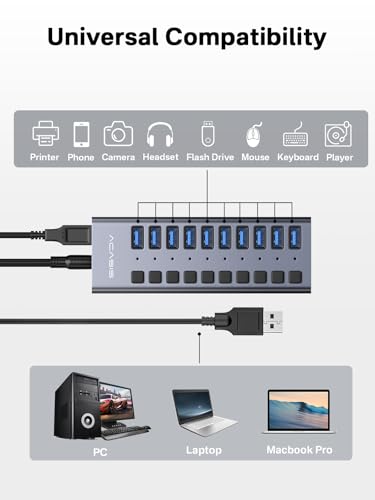 Powered USB 3.2 Hub, ACASIS 10 Ports USB 3.2 Hub with 10Gbps Data Speed, Aluminum Housing, USB Hub Powered with 48W Power Adapter, USB Hub for PC/Laptop, Computer, Flash Drive, Printer, Camera - size: 10 ports