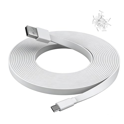 25 ft USB C Cable for CCTV WiFi Security Camera, Type-C Extension Charging Cord Flat, Waterproof - color: White