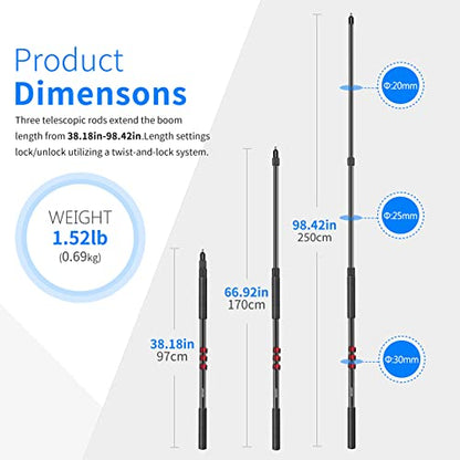 NEEWER NW-7000 Microphone Boom Arm, 3 Section Extendable Handheld Mic Arm with 3/8" & 3/8" to 5/8" Screw Adapter, 3ft to 8ft Adjustable Length,Auxiliary - style: ST-NW-7000