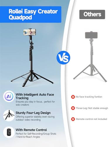 Rollei Auto Face Tracking Tripod, Smartphone Gimbal Stabilizer 64'' Selfie Stick Tripod Holder 360° Rotation for iPhone/Android Stand for Filming Streaming Tiktok Video Vlog - style: Easy Creator Quadpod