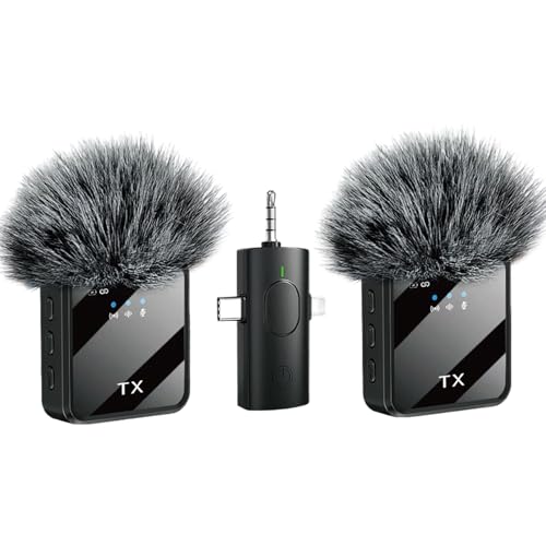 Wireless Microphones, 3 in 1 Lavalier Microphone with Noise Cancellation 3.5 mm Microphone 2 Pack Mini LED Display Mic for Interview, ASMR, Video and Podcasting