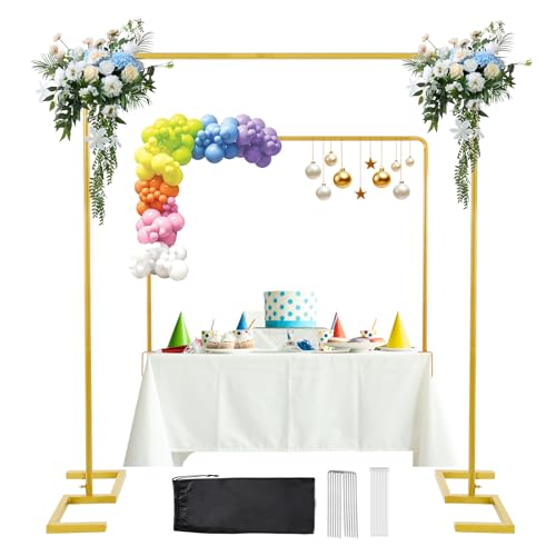 8.2FT x 8FT Backdrop Stand Heavy Duty with Base, Gold Portable Adjustable Pipe and Drape Backdrop Stand Kit, Over The Table Rod Stand with Clamps, Square Metal Arch Party Frame for Birthday Decor - color: Matte Gold