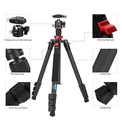 CAVIX 62" Professional Carbon Fiber Camera Tripod, Tripod & Monopod 2 in 1, Lightweight Travel Tripod with 360° Ball Head and Arca-Swiss QR Plate, 22lbs/10kg Load for DSLR Video Travel Photography - size: Carbon Fiber(62")