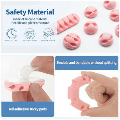 16Pcs Pink Silicone Cable Clips for iPhone Charger, USB, Computer Cables, Waltool Self-adhesive Desk Wire Management Cord Organizer Clips Keeper for Nightstand, Wall, Office, Home, Car