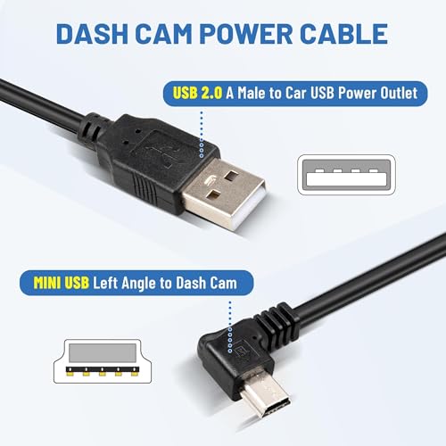 EWAY Mini USB Dash Cam Power Cable 13ft, for Rexing V1 Pro V5 V3 Byakov S6 Rove R2-4K Dashcam Dashboard Camera Recorder, USB 2.0 A to 90 Degree Left Angle Mini-B Charging Cord Car Charger Adapter