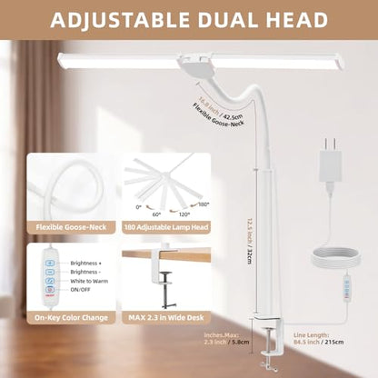 Voncerus LED Desk Lamp for Home Office, Double Head Architect Light with Clamp, Computer Monitor Clip on Light, 3 Modes and 10 Brightness, Adjustable Flexible Goose-Neck, Table Task Lamp, White - color: White Pro