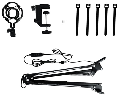 Technical Pro MKL2 Microphone Boom Arm Stand with LED Lighting - 27.6" Articulating Arm, 360° Rotation, Spider Shock Mount, C-Clamp - duoCo StripX App Control - 5V USB Power - 3.5 lb Capacity - Black