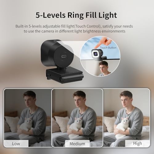 TOALLIN 4K Webcam with Ring Light, Remote Control, PDAF Autofocus, 1/2.5" Sensor & 12MP, Built-in Dual Mics, 5X Digital Zoom and Image Mirroring, Web Camera for Live-Streaming/Meetings/Video Calls - style: 4K Webcam with Ring Light