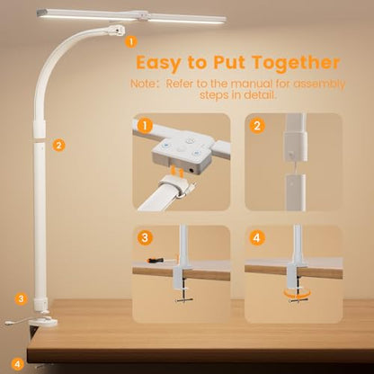 LED Desk Lamp - Bright Dimmable Computer Lamp, 24W Bendable Desk Light for Monitor Screen, Eye-Caring Tall Desktop Light for Task Home Office Work, White, Dual Head - style: Clamp Version - White
