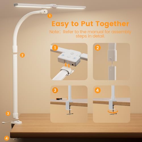 LED Desk Lamp - Bright Dimmable Computer Lamp, 24W Bendable Desk Light for Monitor Screen, Eye-Caring Tall Desktop Light for Task Home Office Work, White, Dual Head - style: Clamp Version - White