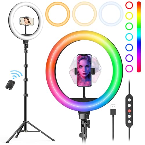 Weilisi 12'' Ring Light with Stand 72'' Tall & 2 Phone Holders,38 Color Modes Selfie Light with Tripod Stand, Big LED Ring Light for iPhone/Android/Camera,YouTube,Makeup - color: Multicolor