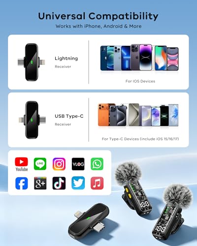 4 Pack Wireless Mini Lavalier Microphones for iPhone, Android iPad | Noise Reduction & LED Digital Display, Magnetic Mini Mic for Video Recording Vlogging YouTube Podcast Interview