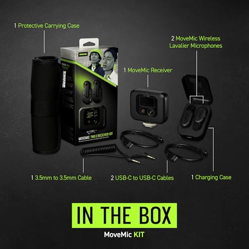 Shure MoveMic Two Kit, Pro Wireless Lavalier Microphones with Camera Receiver for DSLR, iPhone, Android, Mac, PC, 24-Hour Charge (MV-Two-KIT-Z7) | Includes 2 Clip-on Lavs, Charging Case and Camera Receiver, 8 Hr per Mic Plus Two Charges, IPX4, Bluetooth 5