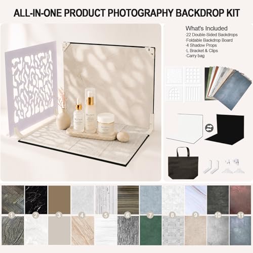 Product Photography Backdrops Kit, 16.5 x 11.7 inch, 22 Designs | 11 Double-Sided Photo Backdrops with 4 shadow props for food photography, jewelry, handmade products and UGC content.
