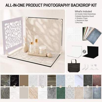 Product Photography Backdrops Kit, 16.5 x 11.7 inch, 22 Designs | 11 Double-Sided Photo Backdrops with 4 shadow props for food photography, jewelry, handmade products and UGC content.