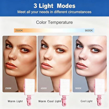 Selfie Light, Phone Light with Front & Back Clip, 60 LED Portable Light with 3 Modes, 5000mAh Rechargeable Video Light for Phone, iPhone, IPad, Laptop, TikTok, Makeup, Lighting Monolights(Pink) - color: Pink