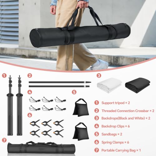 7 x 10 FT Photo Video Studio Backdrop Stand Kit, Photography Background Support System with 6.5 x 10FT Black, White Backdrop, Clamps, Sandbags and Carry Bag for Photoshoot, Portrait - color: Black, White