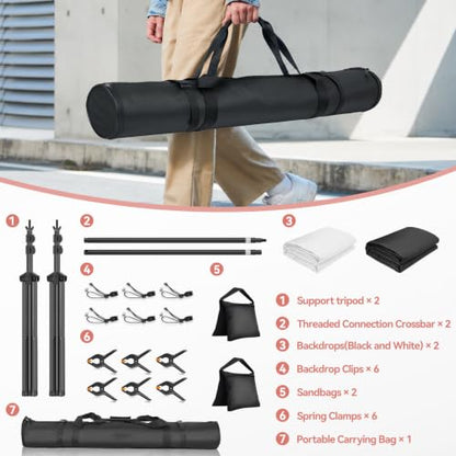7 x 10 FT Photo Video Studio Backdrop Stand Kit, Photography Background Support System with 6.5 x 10FT Black, White Backdrop, Clamps, Sandbags and Carry Bag for Photoshoot, Portrait - color: Black, White