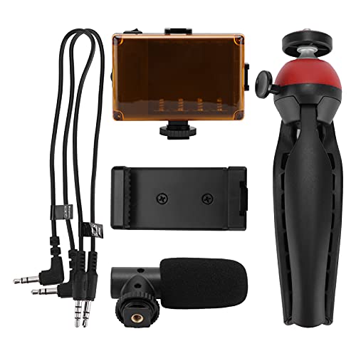 Portable Live Video Kit Mobile Phone Photography Set with Fill Light Microphone Tripod Phone Holder for Vloggers Content Creators (Red) - color: Red