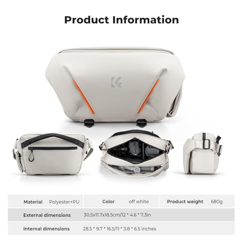 K&F CONCEPT Camera Sling Bag, Lightweight Camera Bag for Mirrorless/DSLR, Foldable Side Pocket & Quick-Access Front Pocket, Adjustable Divider, Camera Bags for Photographers, White, 7L - color: White
