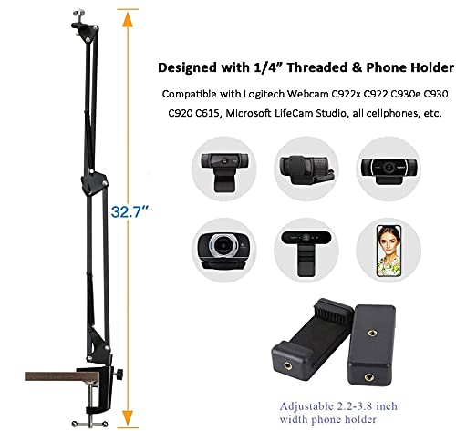 Webcam Stand Phone Holder Suspension Scissor Arm Camera Tripod Mount for Cellphones, Logitech Webcam C920 C930 C922 C615 and Other Devices with 1/4" Threaded - color: Scissor Arm Webcam Phone Stand