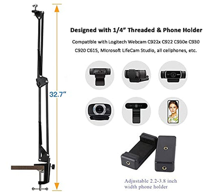 Webcam Stand Phone Holder Suspension Scissor Arm Camera Tripod Mount for Cellphones, Logitech Webcam C920 C930 C922 C615 and Other Devices with 1/4" Threaded - color: Scissor Arm Webcam Phone Stand